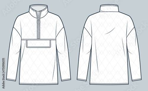 Down Jacket technical fashion Illustration. Unisex Lightweight Anorak fashion flat technical drawing template, quilted, pocket, half zipper, front and back view, white, women, men, unisex CAD mockup.
