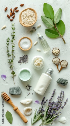 A flat lay showcasing an array of natural spa ingredients for a skincare routine