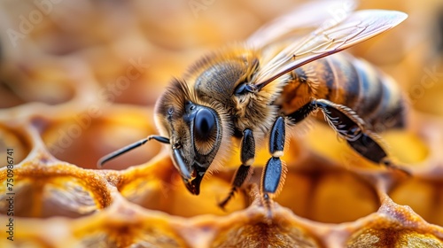 Close-up beautiful bees with honeycomb. Beekeeping, wholesome food for health