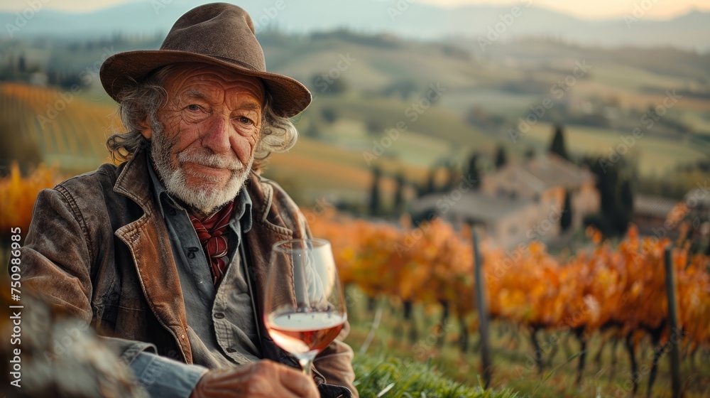 Elderly vintner enjoying a glass of wine in the vineyard at sunset.