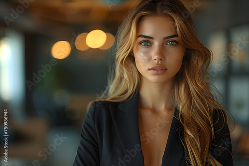 Portrait of a beautiful woman with long blond hair in a black suit