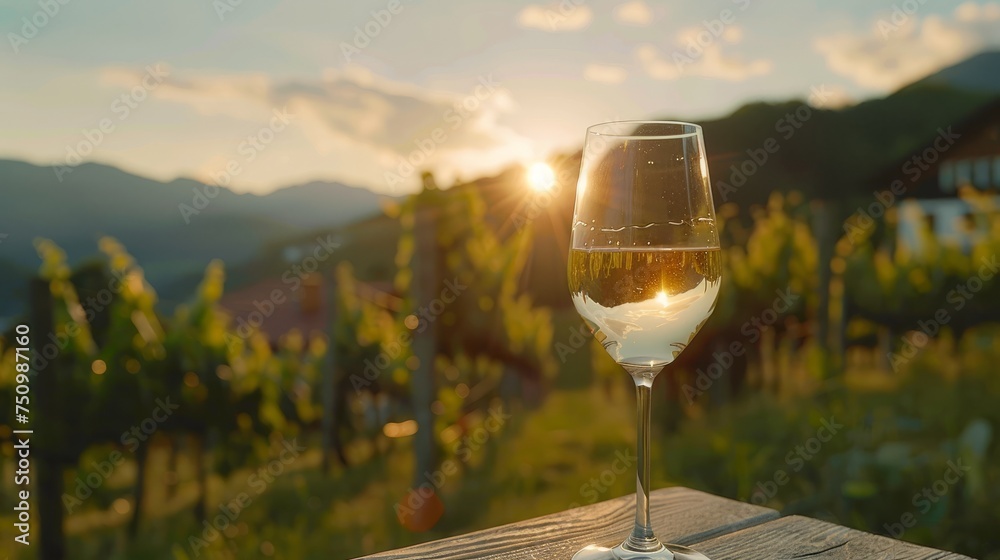 Obraz premium Serene sunset view over a vineyard with a glass of wine, reflecting the vine rows.