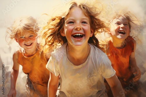 Joyful children sheer play. Nature face group funny time. Generate Ai