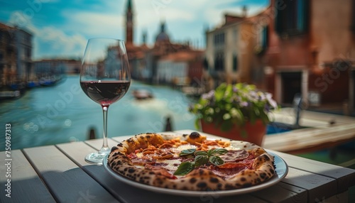Indulge in Italian dining with pizza and wine on a Venice canal backdrop.