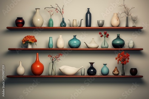 Shelf colorful vases art. Color style. Generate Ai