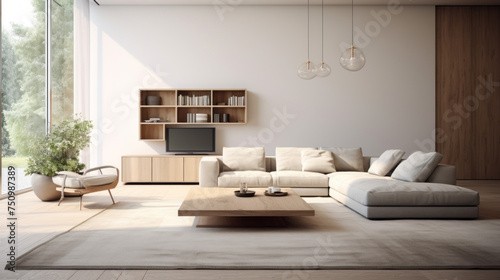 A spacious living room with a comfortable grey sofa  a black coffee table  and a white minimalist rug