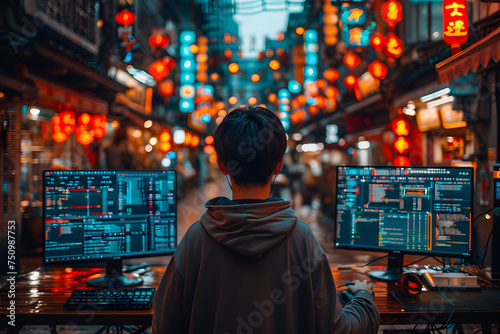 Handsome asian man using computer in the city at night