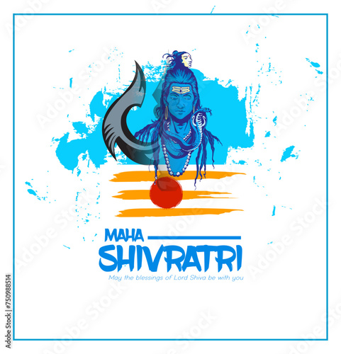 Greeting card for Hindu festival Maha Shivratri. Illustration of Lord Shiva,Indian God of Hindu for Shivratri with hindi text meaning om mahadev