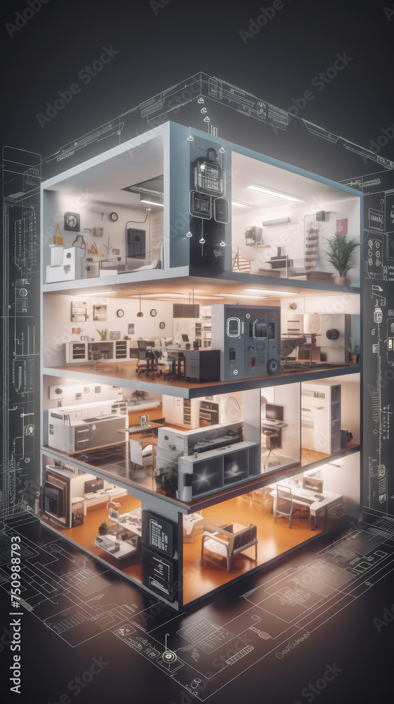 Smart home with connected electronic devices and app icons around ...