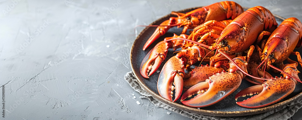 Close up cooked boiled lobsters serving on plate on grey background with copy space, healthy seafood, food banner
