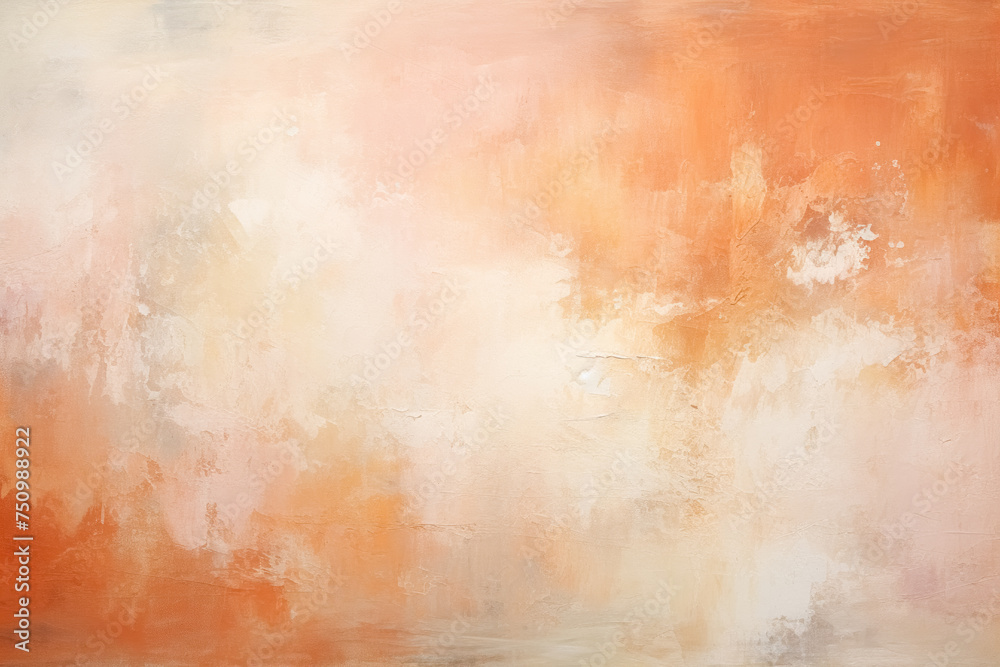 Fototapeta premium Abstract background peach color gradient in pastel light orange, textured with paint splatters and strokes on canvas
