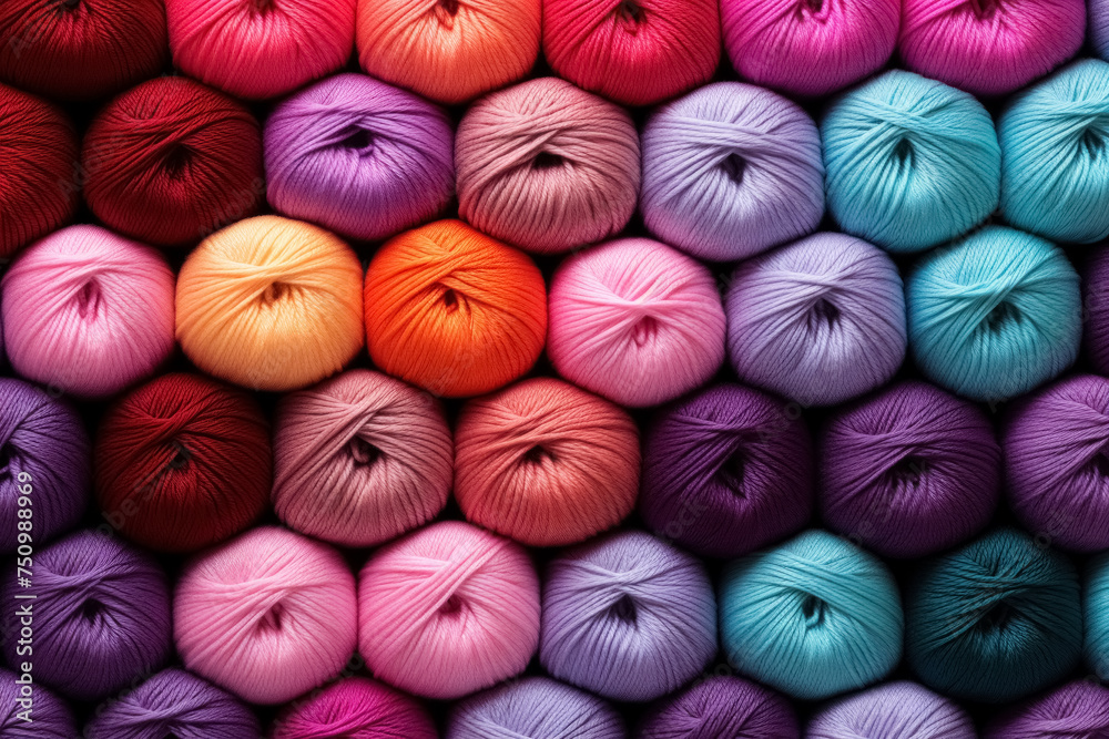 Rows of multicolored skeins of yarn on the shop showcase, collection of rainbow woolen balls for knitting thread