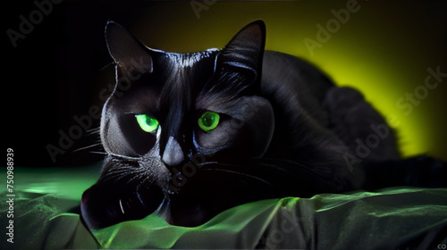 Portrait of a Glossy Black Cat with Bright Green Eyes Displaying a Regal Demeanor © Emily