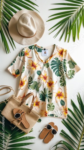 a flat lay featuring a comfortable clothing for tropical summer vacation