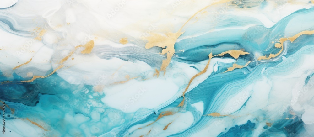 This close-up shot showcases a unique blue and white marble featuring intricate abstract patterns with hints of mint and gold. The textures and colors create a visually striking composition.