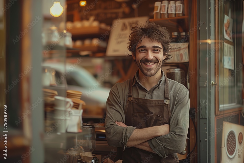 Portrait of happy man small business owner of coffee shop standing at entrance wearing apron and shirt