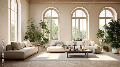 A spacious living room with a large open window, green plants, and light beige walls © Textures & Patterns