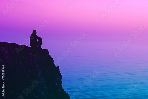 Solitary Reflections  Man Seated on a Cliff Edge Against a Vivid Dusk Sky