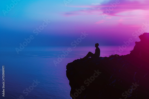 Serene Dawn: A Woman's Silhouette in Contemplation on a Coastal Cliff Under a Pastel Sunrise