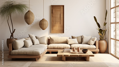 A spacious living room with a bamboo sofa, a leather beanbag, and a sisal area rug