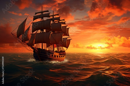 Ship sails ocean sunset. Nature sun sky travel nature. Generate Ai