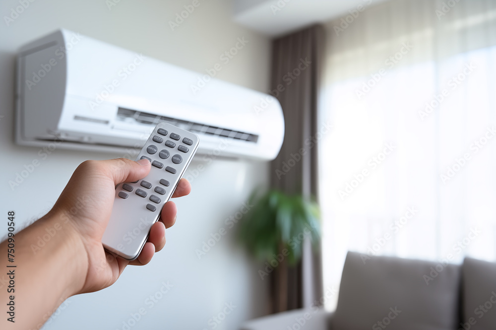 Air conditioner remote control held by a man's hand pointing at a split hanging on a living room wall Air conditioner remote control held by a man's hand pointing at a split hanging on a living room wall