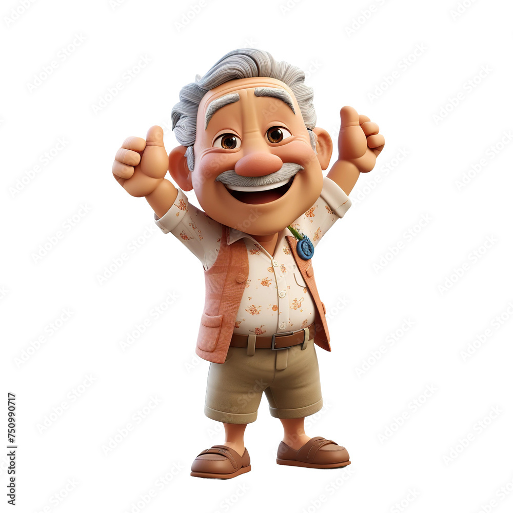 Obraz premium Cute senior man showing thumbs up, 3D render style, isolated on white background cutout.