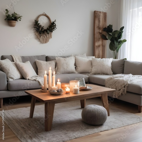 Modern boho interior of living room in cozy apartment. Simple cozy living room interior with light gray sofa  decorative pillows  wooden table with candles and natural decorations
