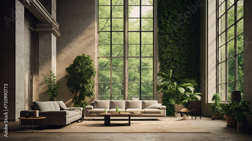 A spacious living room with comfortable seating, a lush green wall, and large windows