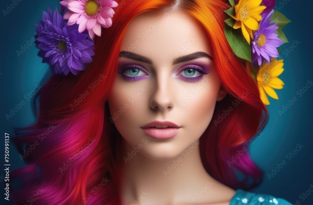 Portrait of a beautiful young girl with hair made of flowers. Spring and summer inspiration. Concept of perfumery, cosmetics. Perfect creative makeup and hairstyle.