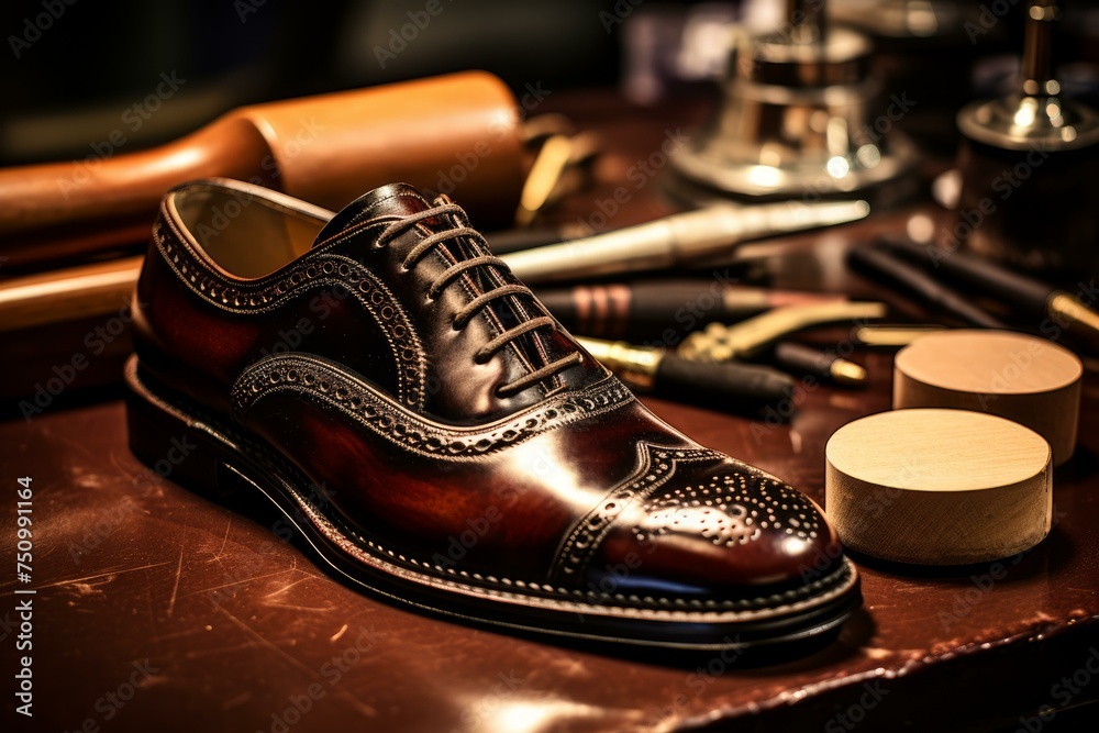 Shoe polishing closeup equipment. Male luxury tool service elegant. Generate Ai