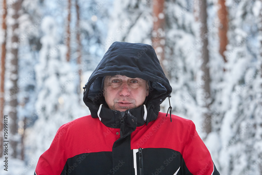 Man 50 years old Wearing Red and Black Jacket in Snow Man 50 years old Wearing Red and Black Jacket in Snow