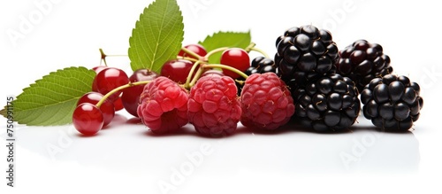 A variety of ripe blackberries and raspberries displayed with green leaves against a plain white background. The fruits are rich in color and texture, showcasing their freshness and natural beauty.