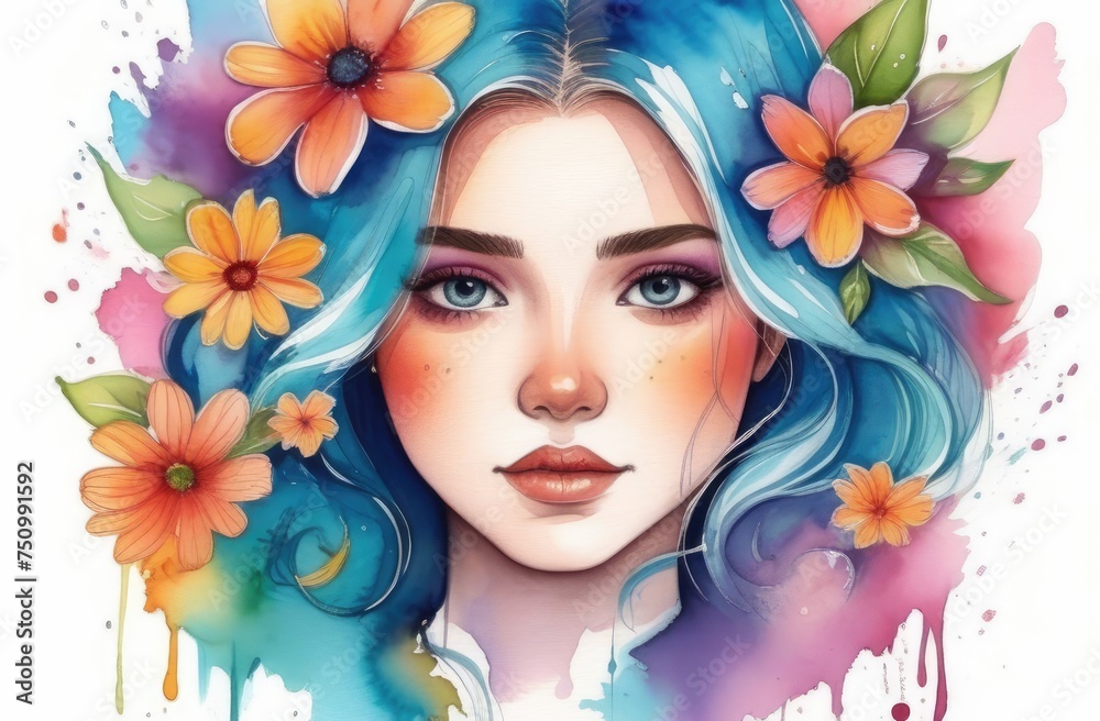 Portrait of a beautiful young girl with hair made of flowers. Spring and summer inspiration. Concept of perfumery, cosmetics. Perfect creative makeup and hairstyle. Illustration. watercolor Portrait of a beautiful young girl with hair made of flowers. Spring and summer inspiration. Concept of perfumery, cosmetics. Perfect creative makeup and hairstyle. Illustration. watercolor