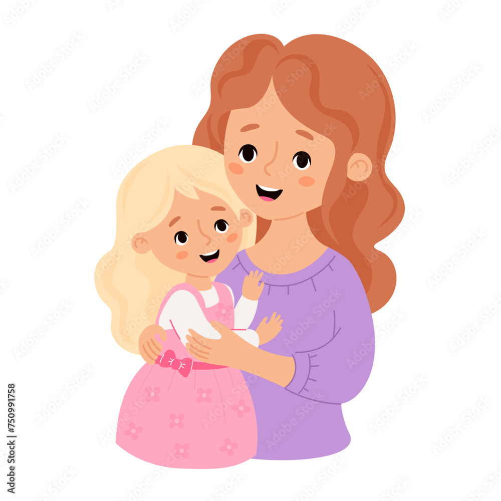 Cute woman with with my blonde daughter. Vector illustration flat cartoon style. Happy holiday female character for birthday, Women's Day, Mother's Day design Cute woman with with my blonde daughter. Vector illustration flat cartoon style. Happy holiday female character for birthday, Women's Day, Mother's Day design
