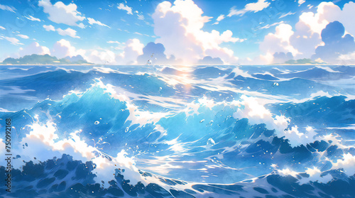 Sea at day with waves in movement, nature scene illustration