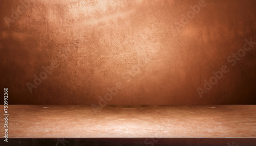 Grunge Copper Table Wall And Floor Studio Room Space Product Display Background Template for your design or advertisement