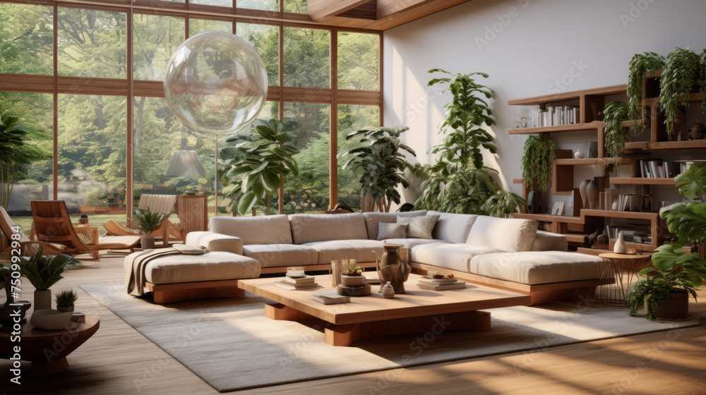 A stunning living room with a Biophilic design featuring wood elements, earthy colors, and lush plants
