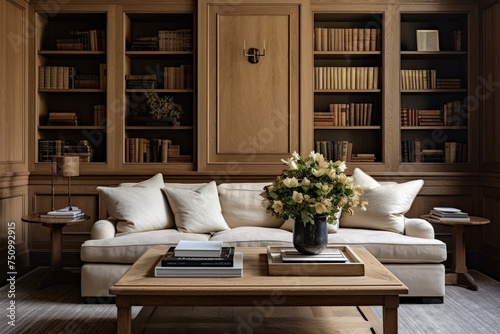 Antique Wood Cabinetry in a Chic Apartment Living Room: Storing Books Beside Modern Coffee Table