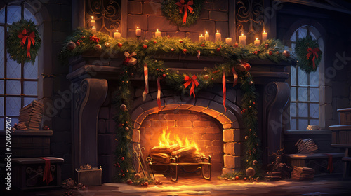 Fireplace adorned with holiday stockings