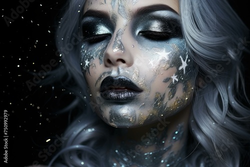 Silver makeup woman. Color paint. Generate Ai © juliars