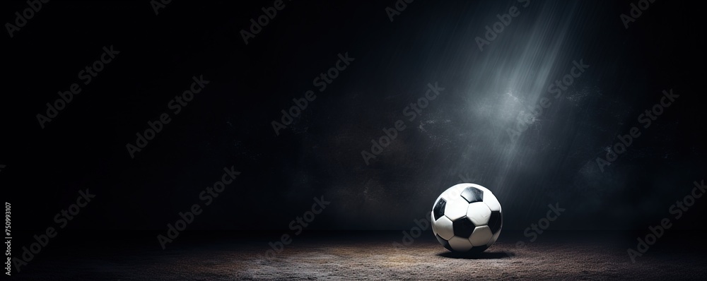 Football or Soccer with spotlight and fade-out shadow in the dark background. Copy space. Sport and game concept. - obrazy, fototapety, plakaty 
