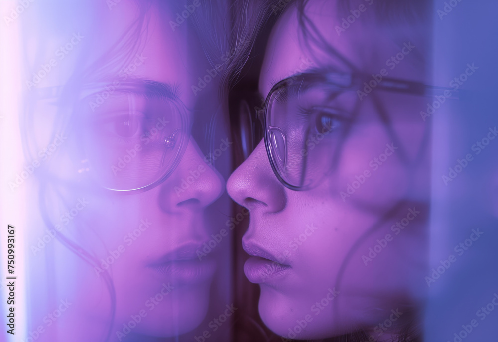 A reflective image of a young woman in glasses, her face overlapping in a purple-hued mirror image, creating a dreamy, introspective atmosphere. A reflective image of a young woman in glasses, her face overlapping in a purple-hued mirror image, creating a dreamy, introspective atmosphere.