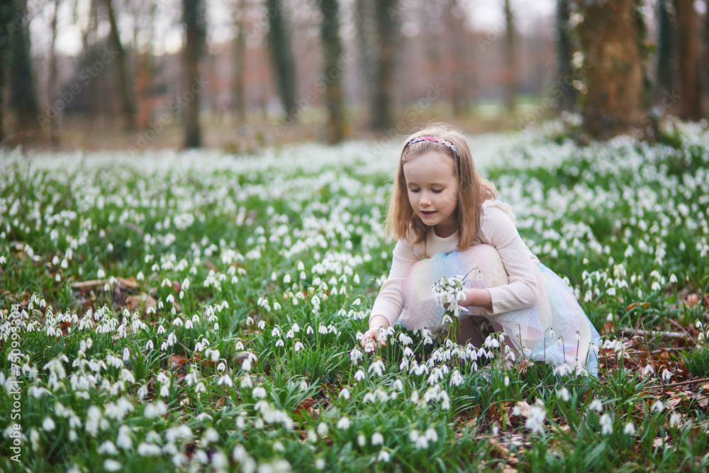 Cute preschooler girl in green tutu skirt gathering snowdrop flowers in park or forest on a spring day Cute preschooler girl in green tutu skirt gathering snowdrop flowers in park or forest on a spring day
