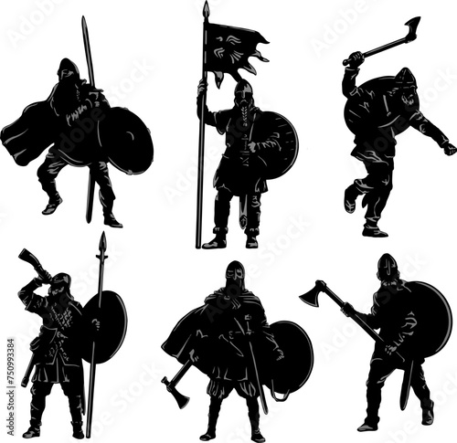 Set of soldiers. Norman warriors, Vikings, Varangians. Vector image. © svistoplas