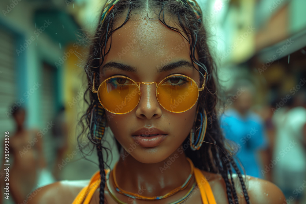 A young woman in a yellow swimsuit exudes confidence as she poses on a rain-soaked street in Rio de Janeiro. A young woman in a yellow swimsuit exudes confidence as she poses on a rain-soaked street in Rio de Janeiro.