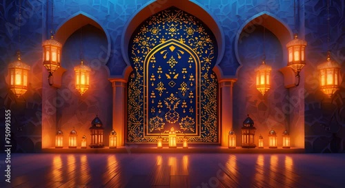 Ramadan Kareem Lantern Podium Stage Design Mosque Window Decor and Illuminated Setting
 photo