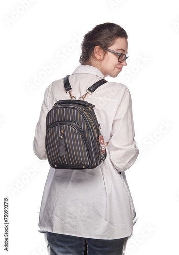 Urban Explorer in Monochrome: Woman in White Shirt With Black Backpack
