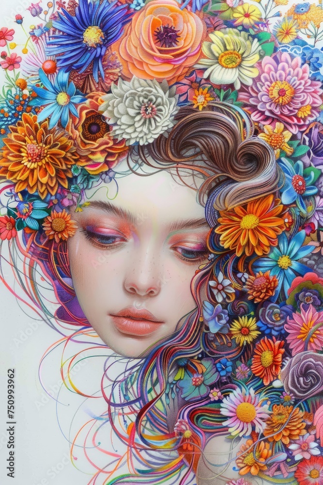 Portrait of a beautiful young girl with hair made of flowers. Spring and summer inspiration. Concept of perfumery, cosmetics. Perfect creative makeup and hairstyle. Illustration