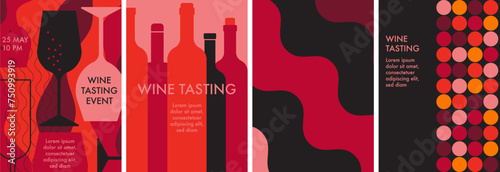 Wine abstract minimal flat design. Glass of red and white sparkling wine, champagne. Wine bottles. Restaurant menu, invitation for an event, festival, party. Wine tasting concept in red, pink, orange